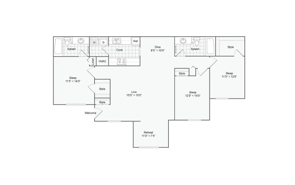 C1 - 3 bedroom floorplan layout with 2 baths and 1300 square feet.