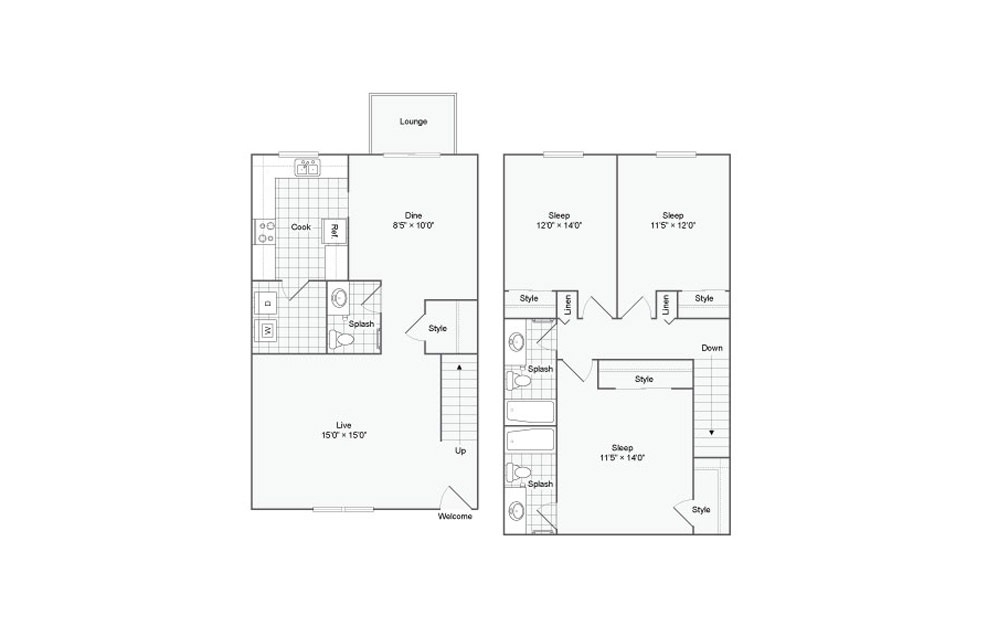 C2 - 3 bedroom floorplan layout with 2.5 baths and 1280 square feet. C2 - 3 bedroom floorplan layout with 2.5 baths and 1280 square feet.